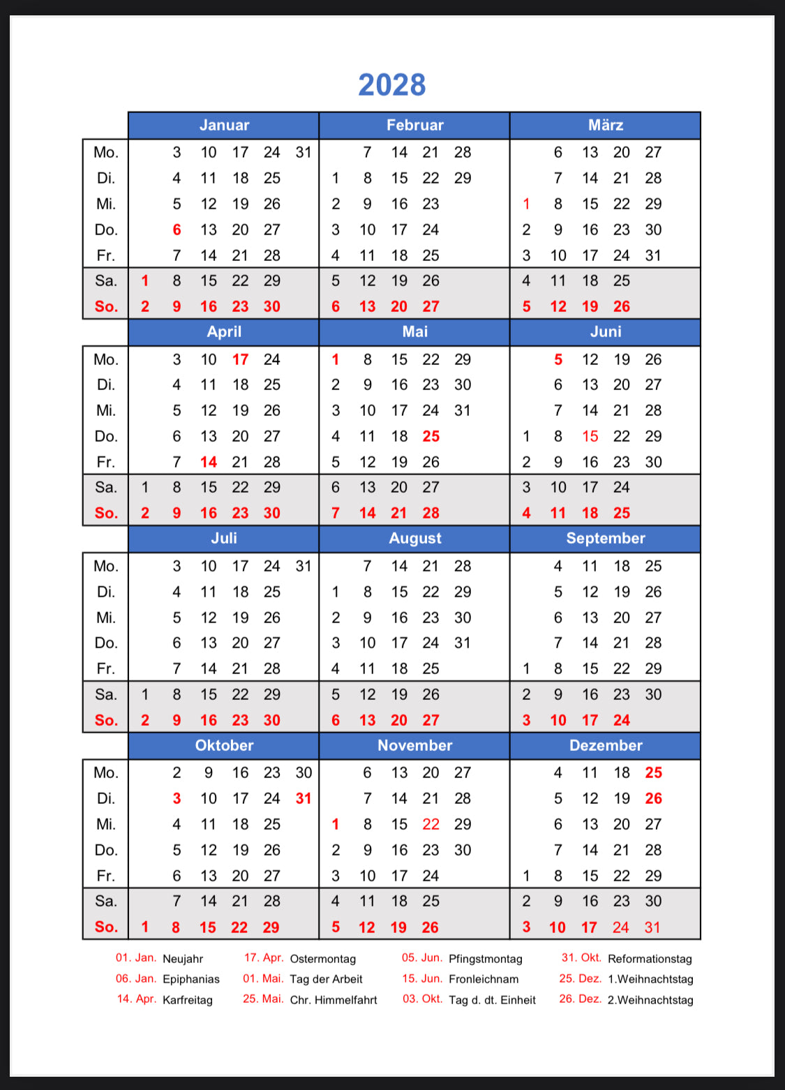 Christlicher Terminkalender 2027